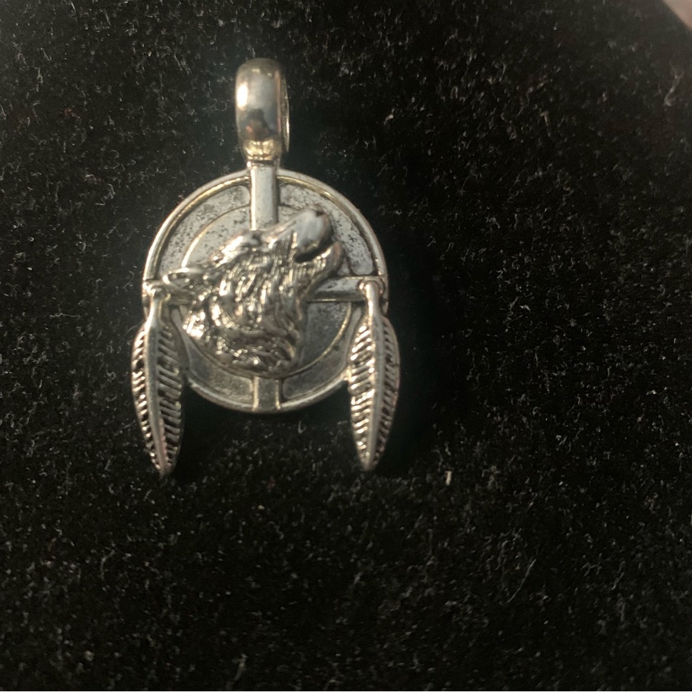 Wolf Pendant with Feather Accents